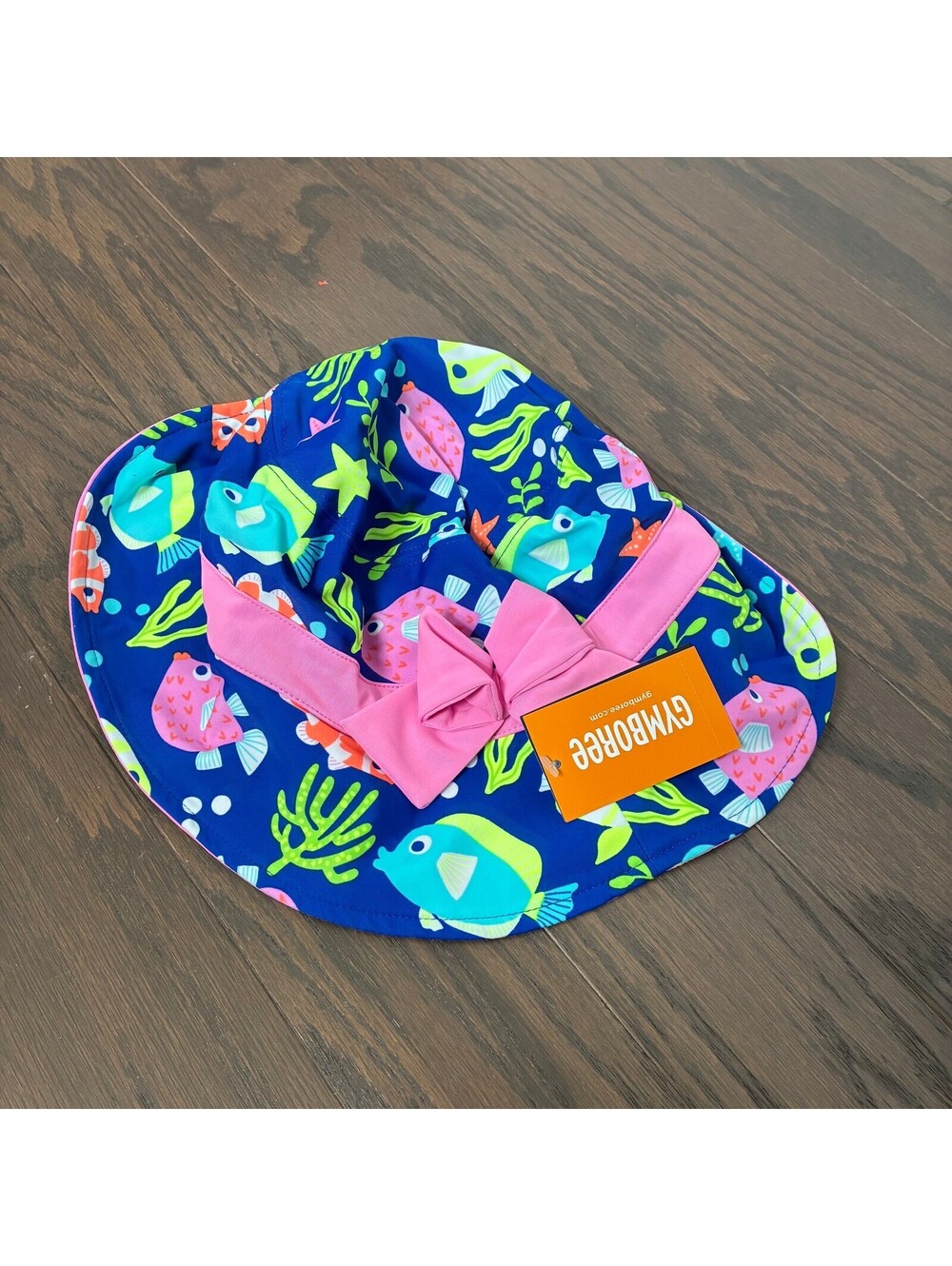 Gymboree Fish Print Sun Hat Pink Bow Blue Beach Girls 10-12